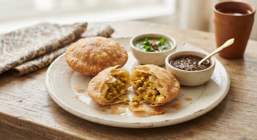 Golden hing kachoris with green chutney on a brass plate