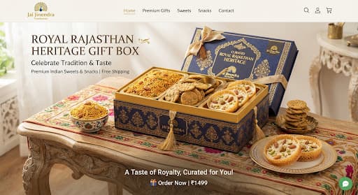 Luxurious Indian festive gift hamper with brass platters of namkeens and mithai