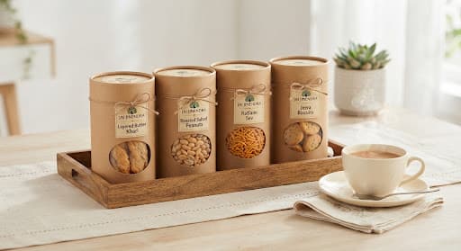 Chai-nashta snack hamper with kraft canisters of sweets and savories