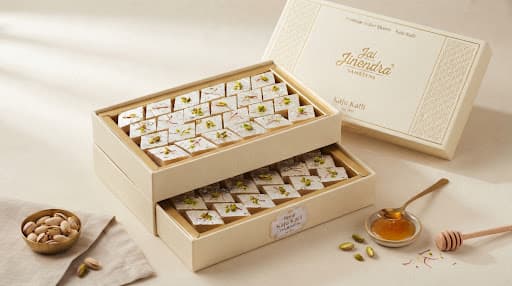 Silver leaf Kaju Katli arranged in a tiered presentation box