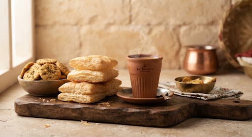 Butter khari and mathri beside a steaming kulhad of cutting chai