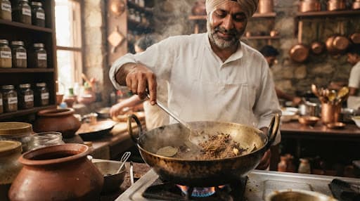 Artisanal halwai roasting whole Indian spices in a brass kadhai