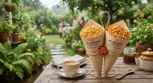 Sev and bhujia in paper cones at a garden tea party